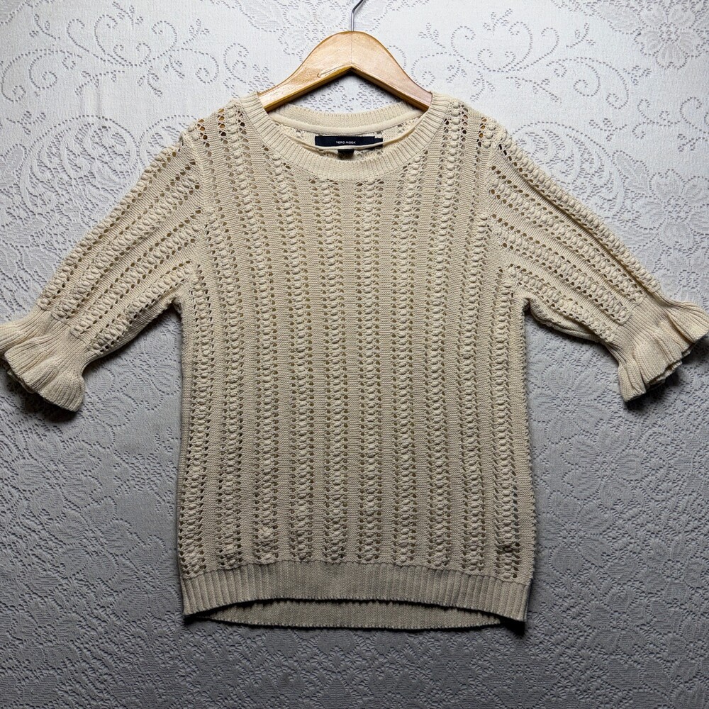 VERO MODA Sweater Womens Large White Open Knit Ruffle Bell Sleeve Pullover